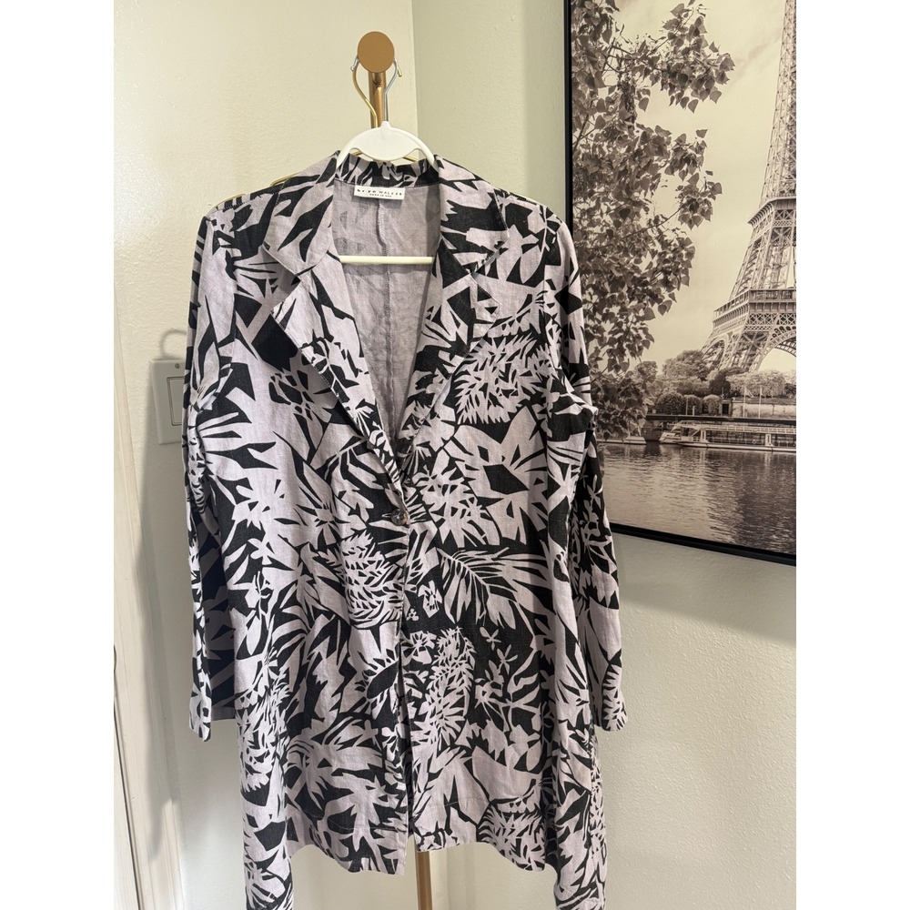Bryn Walker Womens XS Linen Longline Blazer Jacket‎ Purple Black Tropical Leaf